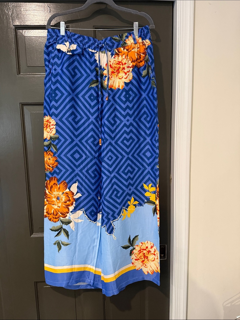 Anthropologie Maeve Blue Geometric & Floral Pattern Wide Leg Pants